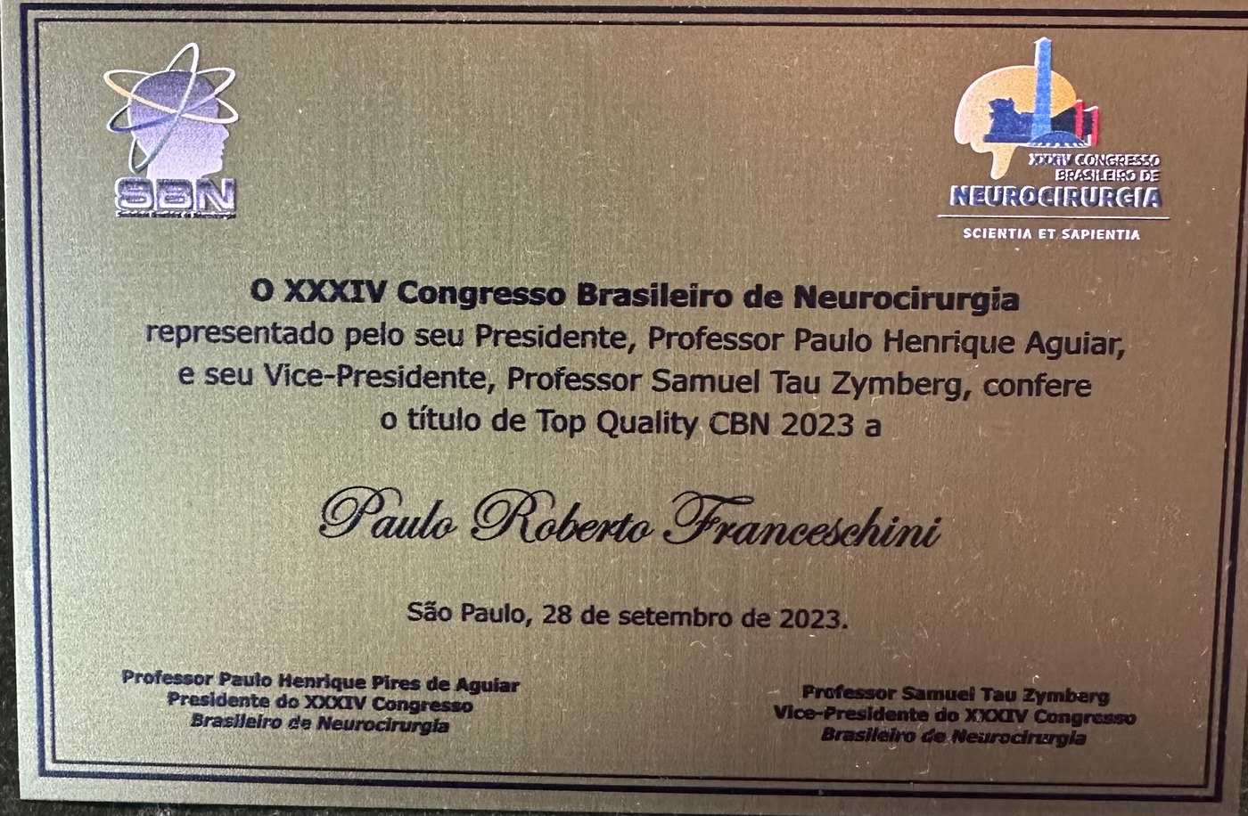 Placa do título Top Quality CBN 2023, Congresso Brasileiro de Neurocirurgia