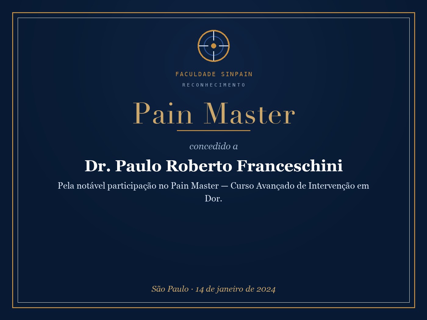 Reconhecimento Pain Master — Faculdade SINPAIN, 2024